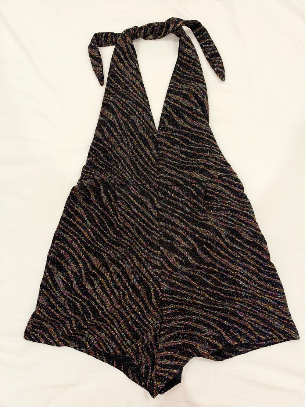 Zara Glitter Zebra Halter Romper Black Metallic M Open Back Made in Portugal